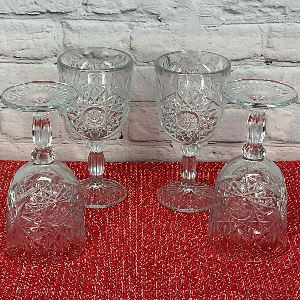 Hobstar Libbey Glass Wine/Water Goblets Vintage Set (4) Wedding Anniversary Gift
